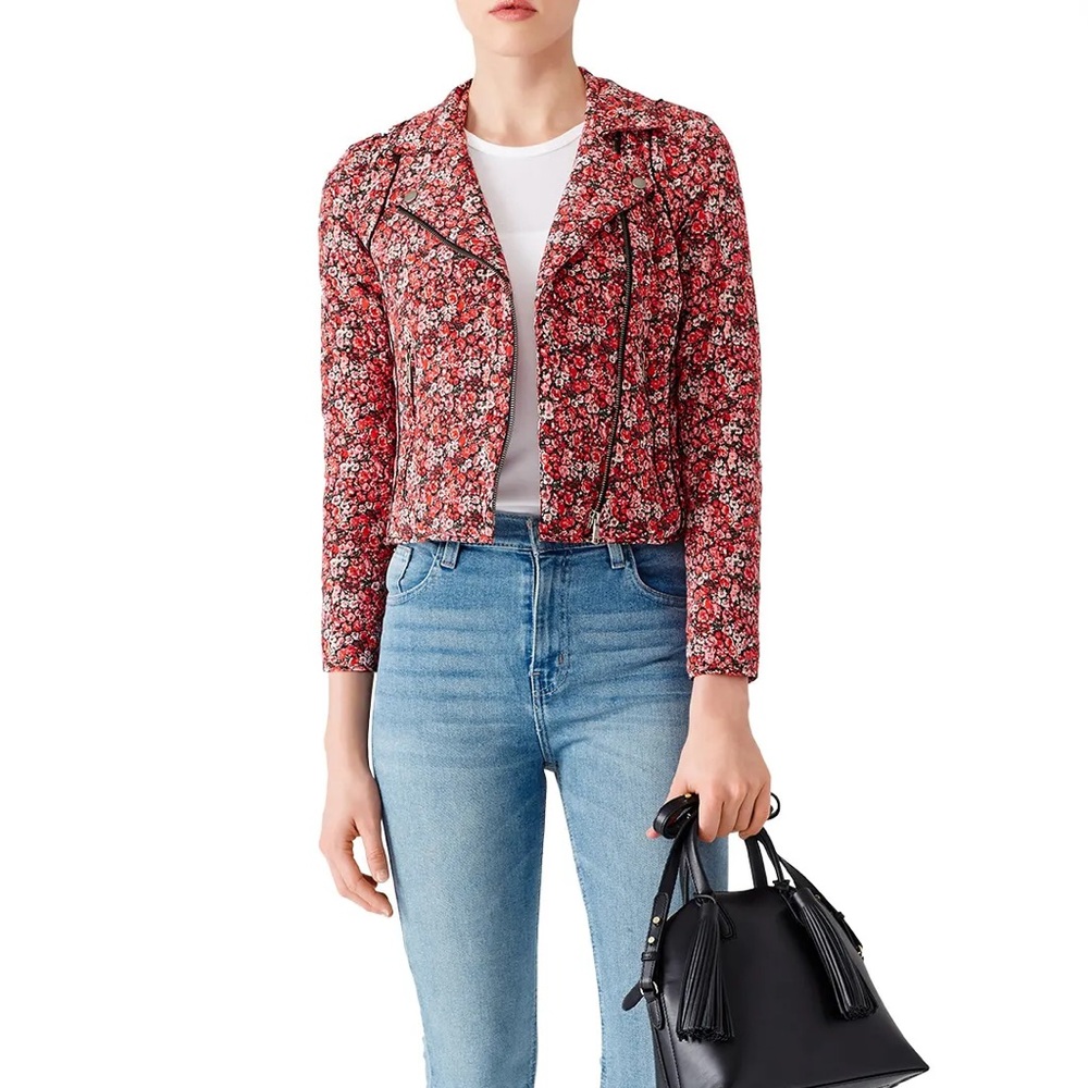 Joie Red Silk Floral Quilted Moto Frona Jacket Size Small